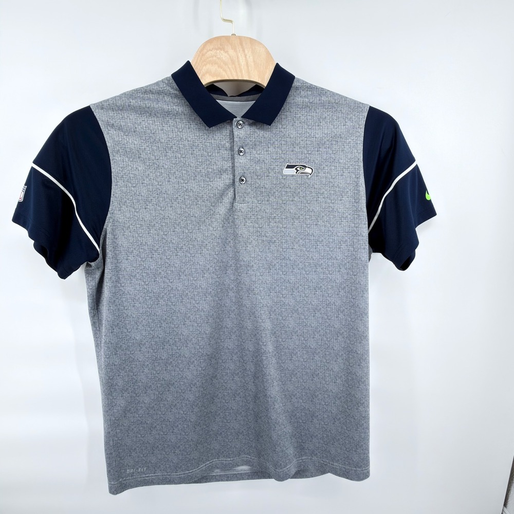 Nike Seattle Seahawks Polo Shirt Mens XL Gray Navy Dri-Fit NFL On Field Sideline